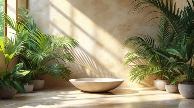 The background of an empty square podium for cosmetic product presentation is a pale beige, with shadows, tropical palm leaves, and light. Podium, stage pedestal platform for cosmetic product. Mockup.