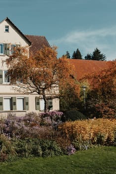 House with nice garden in fall. Flowers in the Park. Bietigheim-Bissingen. Germany, Europe. Autumn Park and house, nobody, bush and grenery