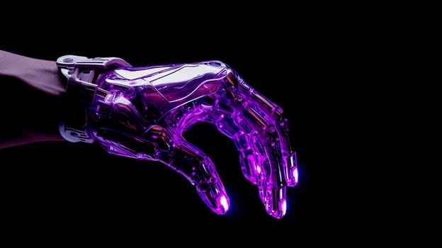 Artificial intelligence cyborg robot hand in futuristic style. Integration of technology and human interaction. Chat bot