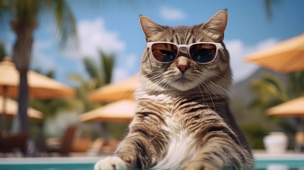 Cat on vacation with cold drinks by swimming pool, palm trees in background. Holidays banner AI