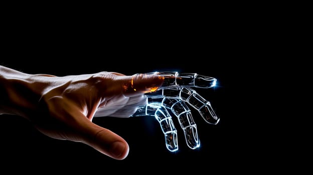 Hand of a cyborg robot with artificial intelligence on a black background. Integration of technology and human interaction. Chat bot