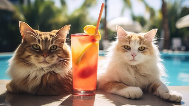 Cats on vacation with cold drinks by swimming pool, palm trees in background. Holidays banner AI