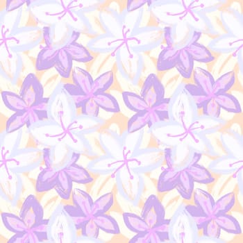 Hand drawn seamless pattern with blue light pastel purple flower floral elements, ditsy summer spring botanical nature print, bloom blossom stylized petals. Retro vintage fabric design, cute nature