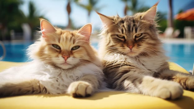 Cats on vacation with cold drinks by swimming pool, palm trees in background. Holidays banner AI