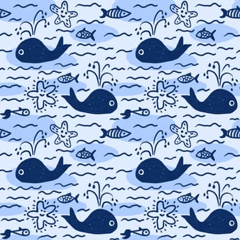 Hand drawn seamless pattern with blue whales waves sea ocea. Cute funny print for kids children nursery design, zoo wildlife simple minimalist fabric for boys, mammal fish water art