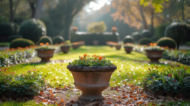 This is a high-quality photograph of a garden in a French style, with plants trimmed up in classic shapes.