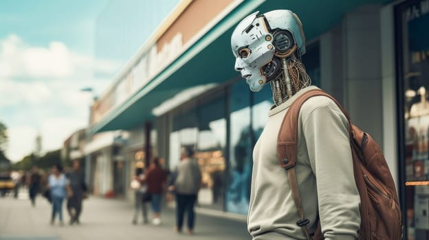 A cyborg robot with artificial intelligence walks around city, goes shopping, robot lifestyle, future technologies. Internet and digital technologies. Global network. Integrating technology and human interaction. Digital technologies of the future