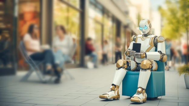 A cyborg robot with artificial intelligence walks around city, goes shopping, robot lifestyle, future technologies. Internet and digital technologies. Global network. Integrating technology and human interaction. Digital technologies of the future