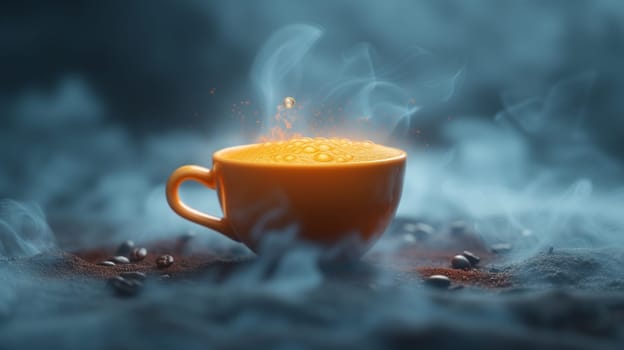 A steaming cup of coffee sits on a table, surrounded by the aroma of fresh coffee beans and wisps of smoke