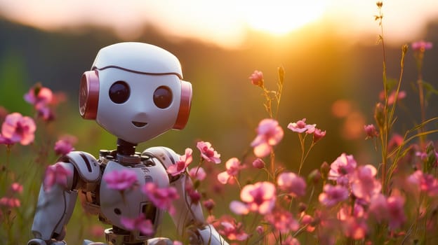 A smiling robot child artificial intelligence walks through a meadow blooming flowers on a sunny day, future technology. Internet digital technologies. Global network. Integrating technology and human interaction. Digital technologies of the future