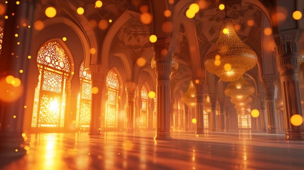 Ramadan mosque golden interior background. Neural network generated in January 2024. Not based on any actual scene or pattern.