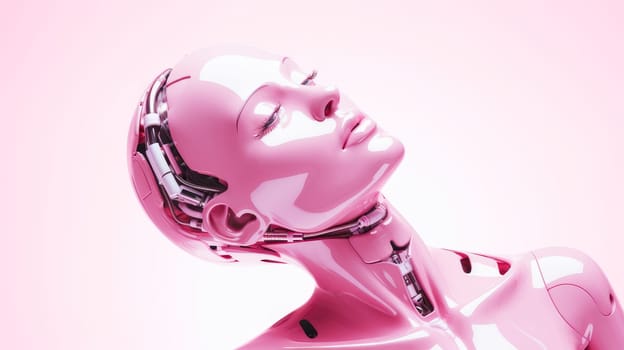 Pink robot with artificial intelligence, future technologies on a pink background. Internet and digital technologies. Global network. Integrating technology and human interaction. Chat bot. Digital technologies of the future