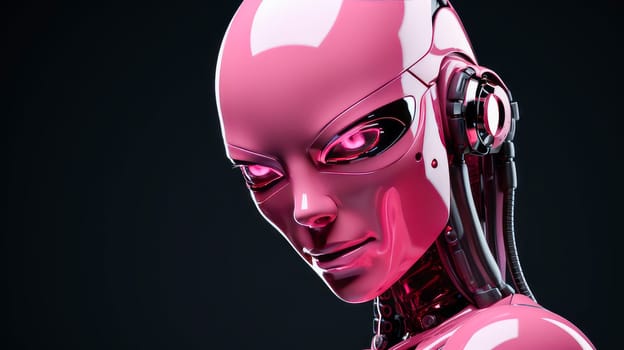 Evil pink robot with artificial intelligence, future technology on a black background. Internet and digital technologies. Global network. Integrating technology and human interaction. Chat bot. Digital technologies of the future