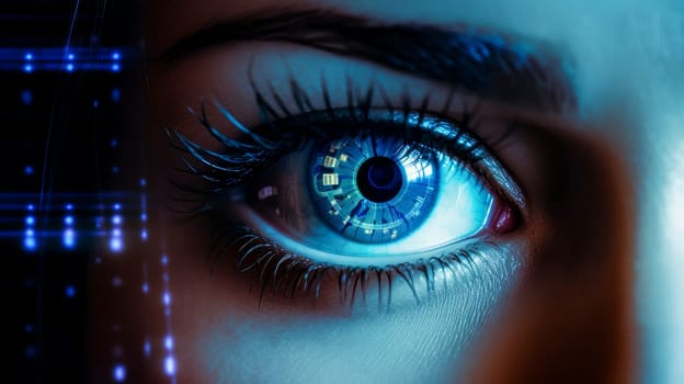 Female blue eye close up, computer vision improvement concept, observation. Binary code, symbolizing the futuristic synthesis of technology and artificial intelligence, revealing the matrix of CI and AI,