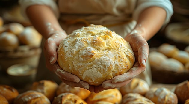 The person is holding a staple food made from ingredients like flour, water, and yeast. This baked good is a common dish that complements other foods like turkey meat or produce