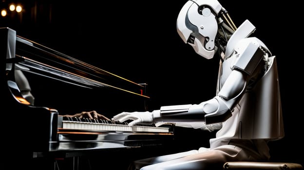 A white robot plays the piano with artificial intelligence, future technology. Internet and digital technologies. Global network. Integrating technology and human interaction. Chat bot. Digital technologies of the future