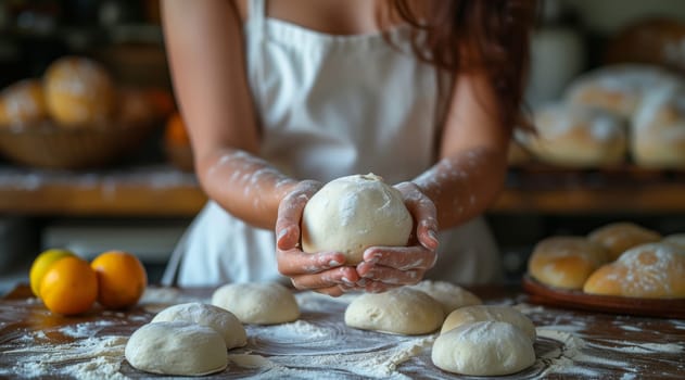 A woman is holding a ball of masa dough in her hands, preparing to use it in a delicious calabaza recipe