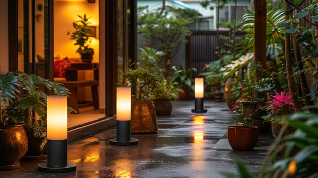 During the night, LED light posts illuminated a backyard garden. Outdoor lighting systems for backyards.
