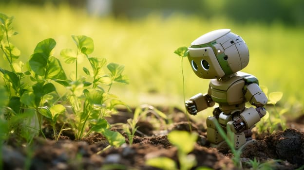 A robot takes care of plants in the garden, gardening with artificial intelligence, future technologies. Conservation of the environment, global warming. Internet and digital technologies. Global network. Integrating technology and human interaction