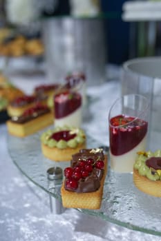 Variety of sweet and savory canapes and desserts displayed on glass shelf. Canapes topped with ingredients like caviar, salmon, and vegetables. Desserts include tarts, cakes, and pastries.