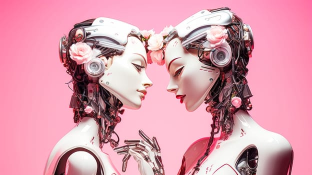 Two pink robots gently hug each other on a pink background with artificial intelligence, future technologies. Internet and digital technologies. Global network. Integrating technology and human interaction. Digital technologies