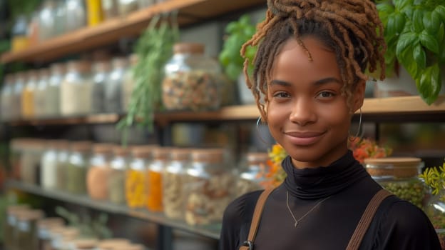 A happy customer with dreadlocks is smiling in front of a shelf filled with jars of spices at a retail store. Surrounded by natural foods and whole food products