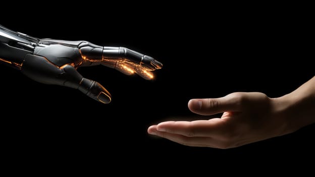 Touch of a human hand and a cyborg robot hand with artificial intelligence, future technologies. Internet and digital technologies. Global network. Integrating technology and human interaction. Digital technologies