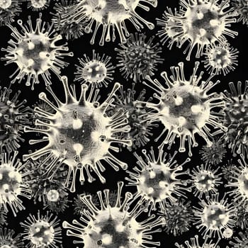 Seamless texture and background of microscopic view of coronaviruses. Neural network generated in January 2024. Not based on any actual scene or pattern.