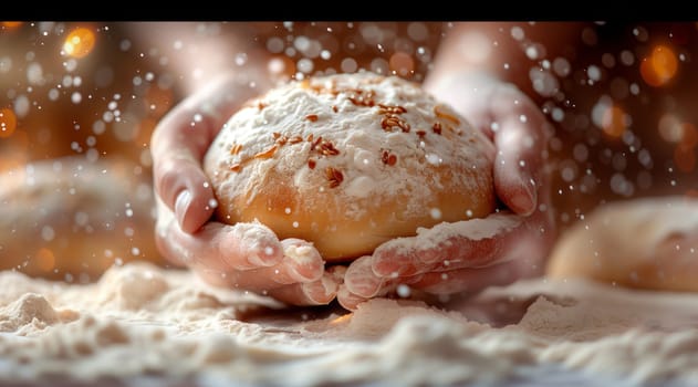 The person is holding a loaf of bread, a key ingredient in many recipes and cuisines. It is essential for dishes like sandwiches and toast