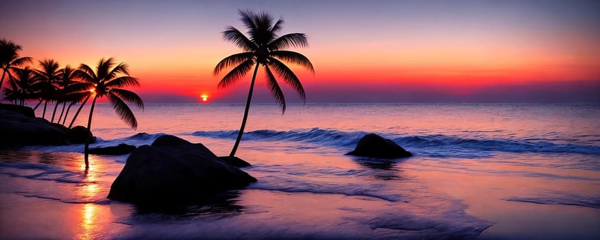 Beautiful seascape panorama with palm trees at sunset. Generative AI.