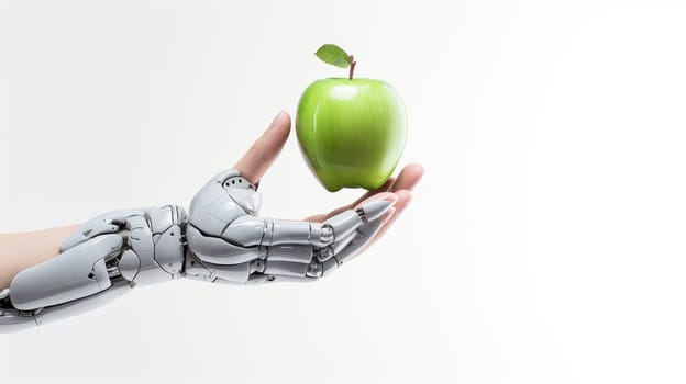 A green apple in the hand of a robot on a white background with artificial intelligence, future technologies. Internet and digital technologies. Global network. Integrating technology and human interaction. Digital technologies