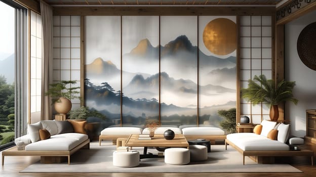 A spacious living room in a property with a large window showcasing a painting of mountains on the wall, complemented by wooden fixtures and plants for a cozy interior design