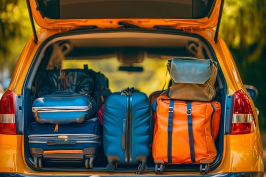 Modern SUV car trunk open and full of suitcases and bags to return from summer holidays. Neural network generated in January 2024. Not based on any actual scene or pattern.