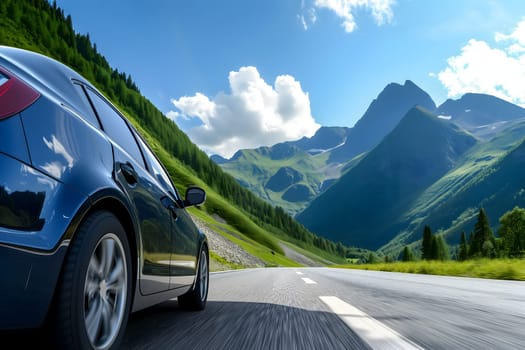 Car traveling with a mountain road at summer day. Neural network generated in January 2024. Not based on any actual scene or pattern.