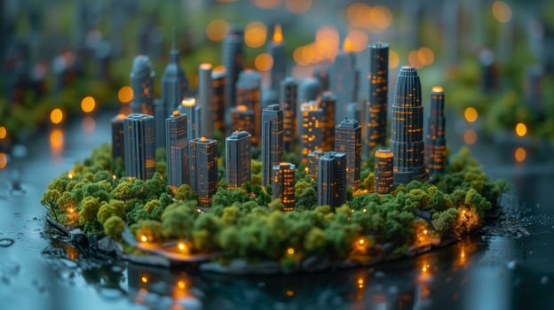 A miniature skyscraper city sits atop a small island surrounded by trees, blending urban design with natural landscapes