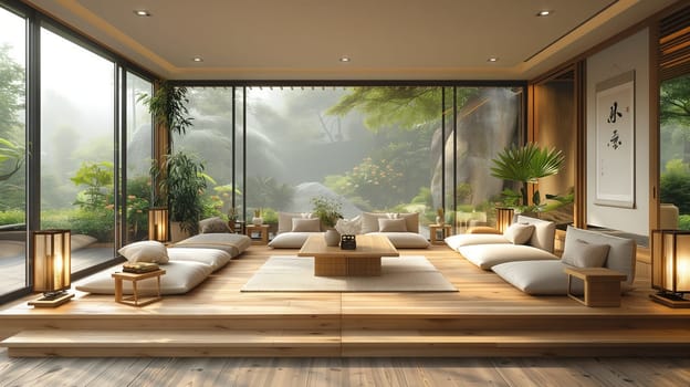 a living room with a lot of furniture and a lot of windows . High quality