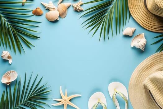 Hat, flip-flops, palm tree leaves on blue background. Sea vacation travel concept tourism and resorts. Summer holidays. Neural network generated image. Not based on any actual scene or pattern.