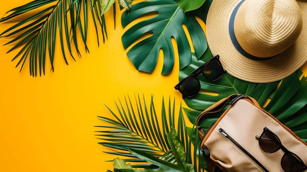 Hat, sunglasses, palm tree leaves on yellow background. Blank, top view, still life, flat lay. Sea vacation travel concept tourism and resorts. Summer holidays. Neural network generated image. Not based on any actual scene or pattern.