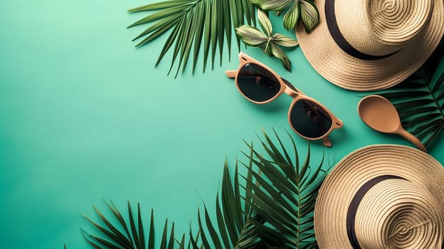 Hats, sunglasses, palm tree leaves on blue background. Blank, top view, still life, flat lay. Sea vacation travel concept tourism and resorts. Summer holidays. Neural network generated image. Not based on any actual scene or pattern.