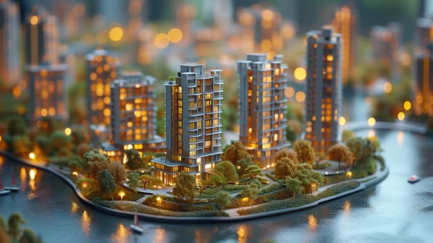 A miniature cityscape on a table featuring buildings, skyscrapers, and trees, showcasing urban design and mixeduse spaces