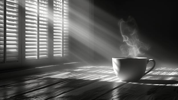 A monochrome photograph of a cup of coffee on a wooden table in front of a window with blackandwhite blinds, casting shadows in the darkness
