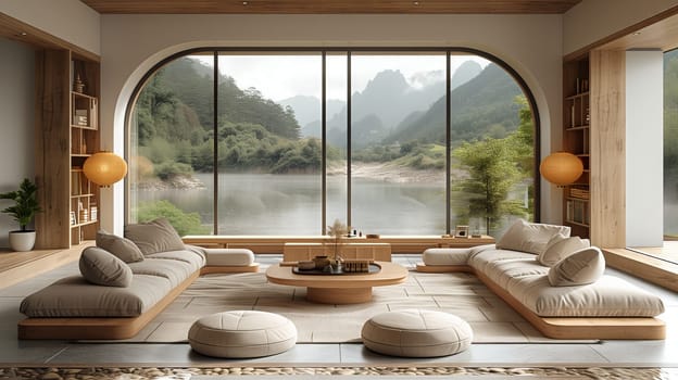A house with a large window in the living room offers views of the lake and mountains. The wood facade complements the serene water view, creating a peaceful leisure space