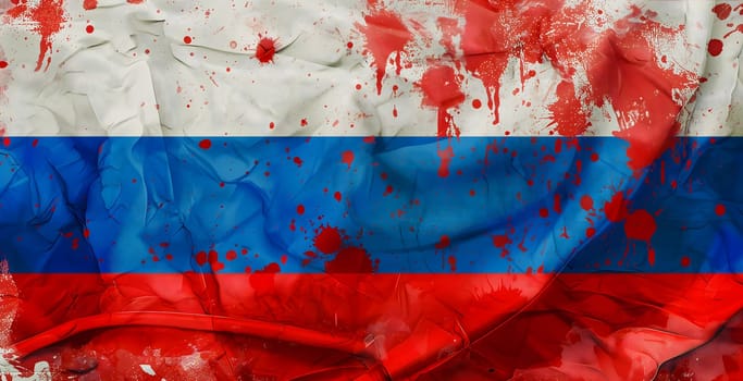 Russian flag covered with blood splatter fill-frame close view. Neural network generated in January 2024. Not based on any actual scene.