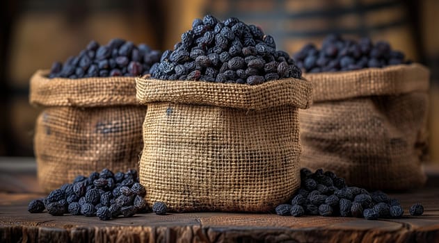 Three bags of blueberries, a superfood packed with antioxidants, sit atop a rustic wooden table. This natural fruit is a staple food in many cuisines