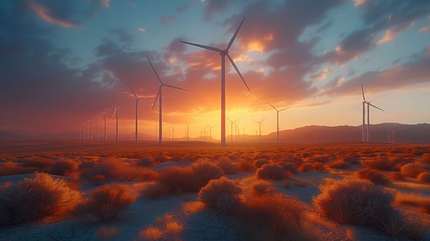 A line of wind turbines in a desert at sunset create a stunning silhouette against the colorful sky, blending in with the natural landscape of the ecoregion