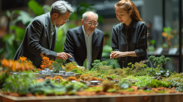 A community is sharing the experience of looking at a model of a garden, featuring plant adaptations, natural landscapes, grass, and various events
