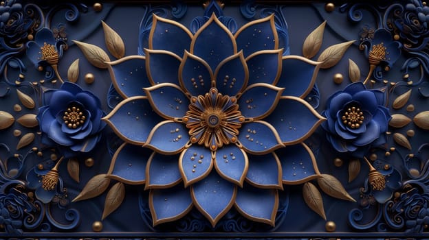 A plant with blue and gold flowers and leaves on an electric blue background, showcasing symmetry and patterns. The artwork resembles a chair design or an automotive tire motif