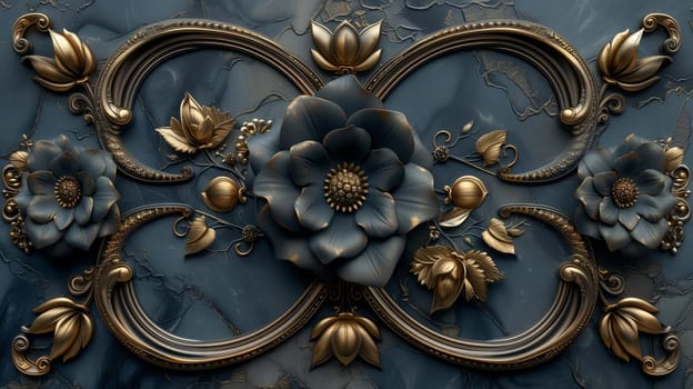 A close up of a symmetrical blue and gold floral pattern fixture on a bronze wall, inspired by natural materials. It resembles a fashion accessory and is the centerpiece of the rooms design