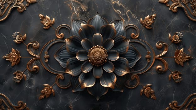 A close up of a black and gold flower, a terrestrial plant with metallic petals, on a dark background. The intricate pattern of circles makes it a fashionable accessory for events