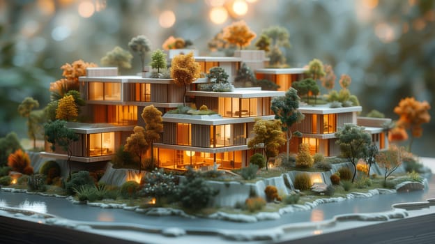 A model of a building with trees on its roof is displayed on a table, showcasing urban design and sustainable architecture in a city landscape